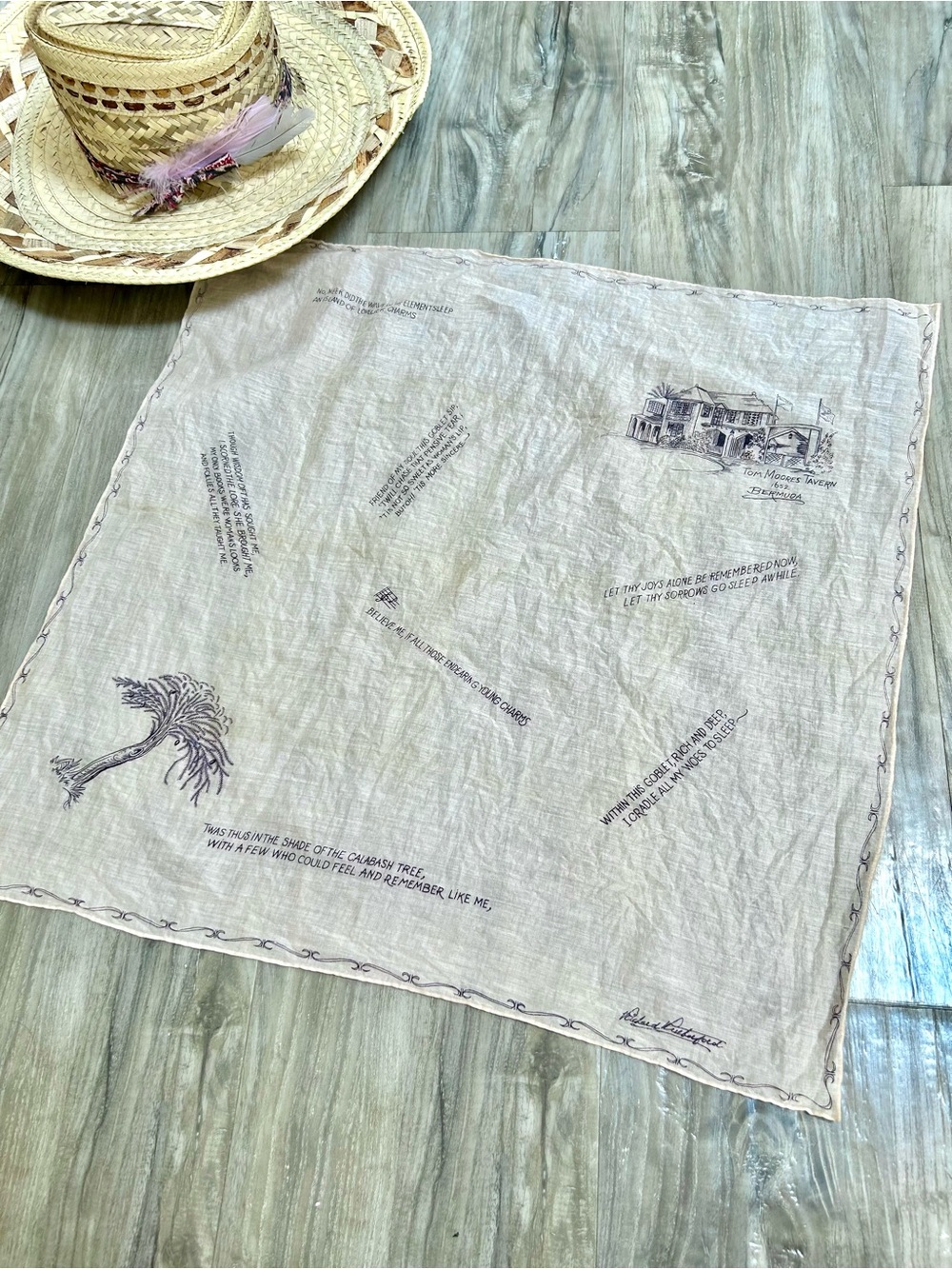 RARE Bermuda Propical Vintage Beige Cotton Scarf with Brown Printed Illustration - Picture 2 of 9